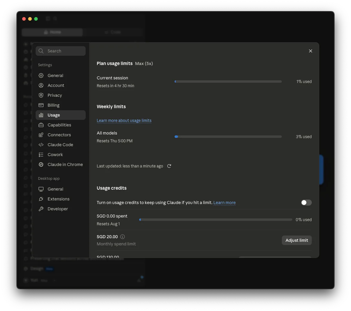 Claude Code status line showing context, rate limits, and cost